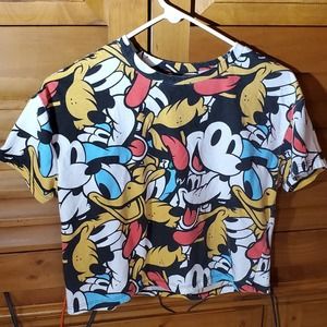 Disney Small Juniors Crop Top Retro Mickey Donald Goofy Pluto All Over